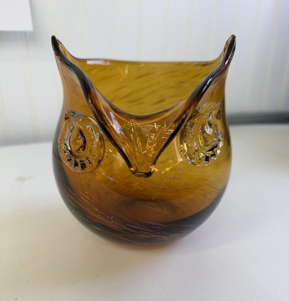 Owl Vase Handblown Glass Copper w/Glitter Swirl-Glass Eyes 6”x5.5”